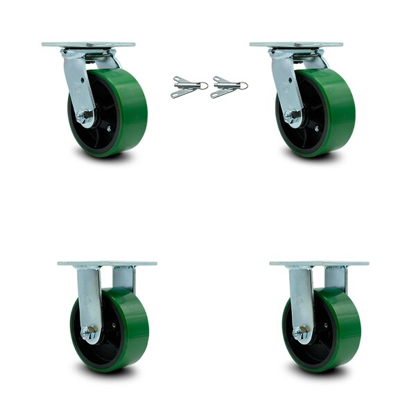 5 Inch Green Poly on Steel Caster Set with Roller Bearings 2 Swivel Lock 2 Rigid